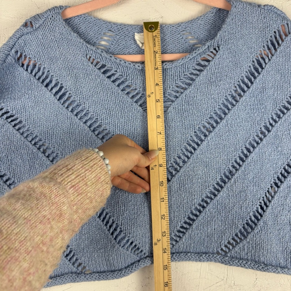 Bobbles & Lace Crocheted Baby Blue Cropped Chunky Sweater Bell Sleeves - Picture 4 of 8
